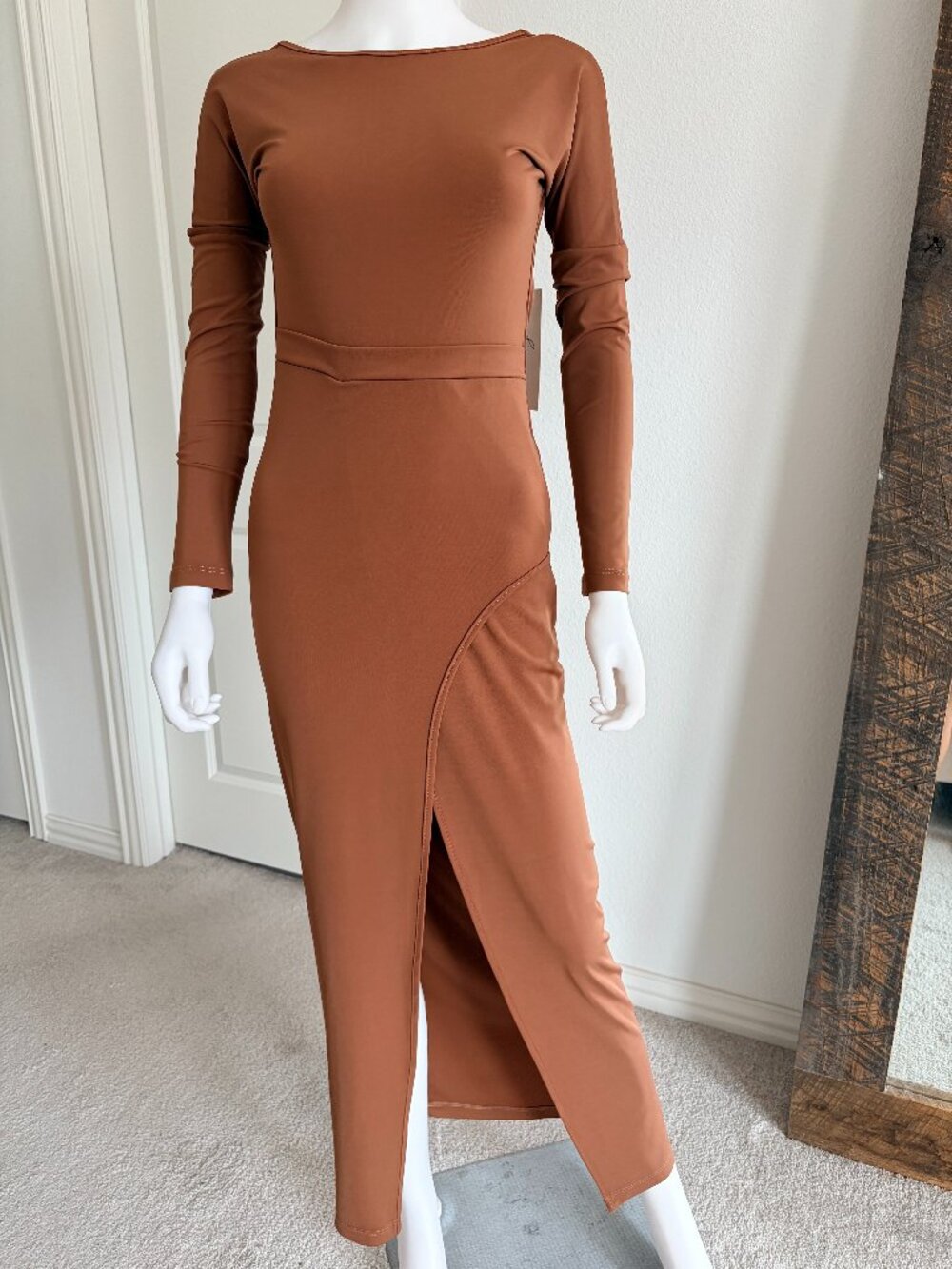 Made in Italy Brown Long Sleeve Backless Maxi Dress with Slit Size XSmall